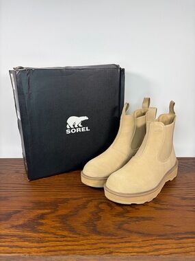 Sorel Women's Hi-Line Chelsea Boots Waterproof Suede Tan Neutral Pull-On Size 9